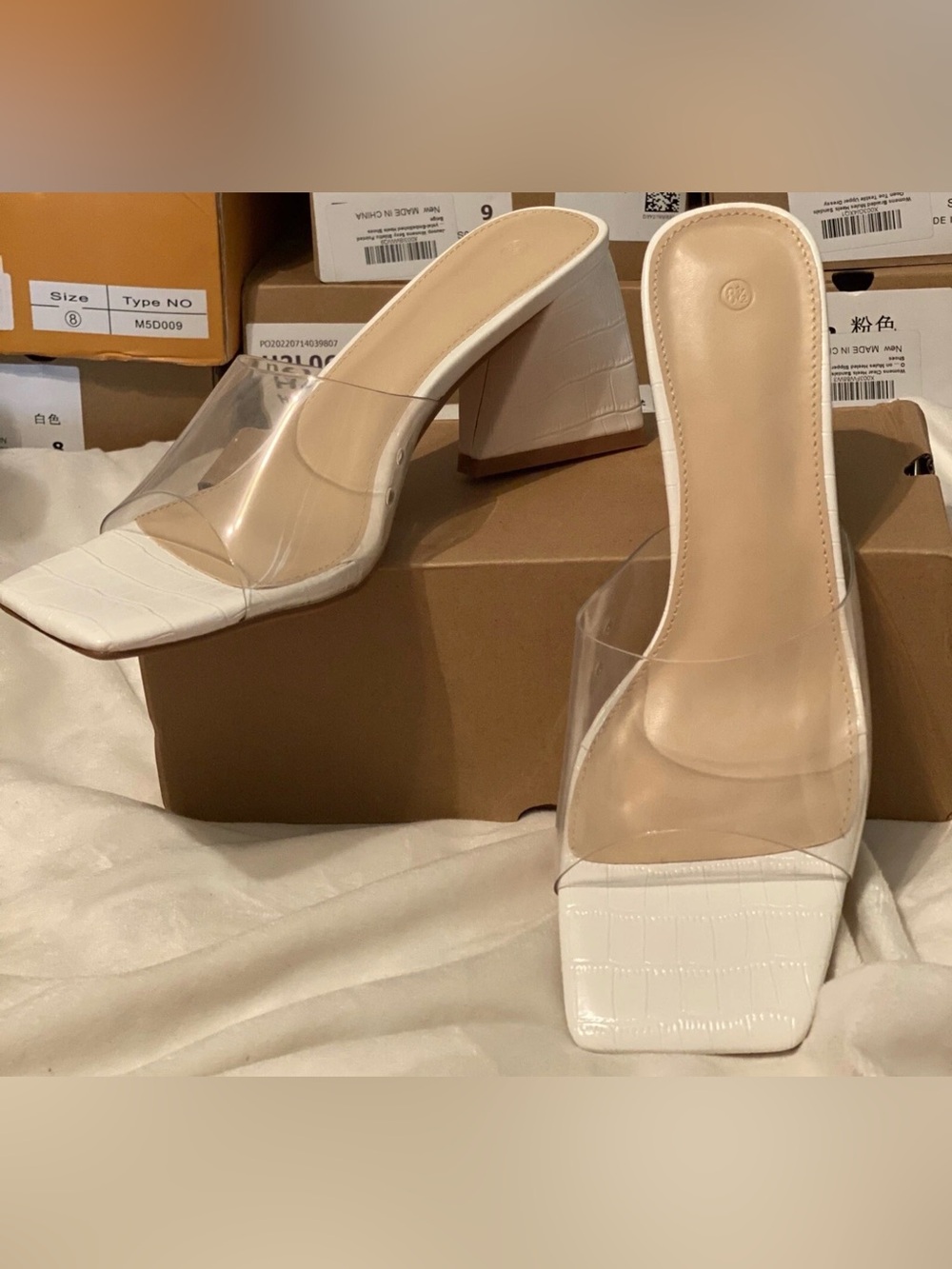 Clear Strap White Clear Croc-Texture Square Toe Heels Women’s Size 8.5 NIB